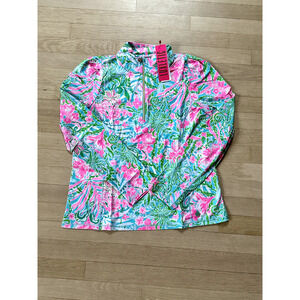 Lilly Pulitzer Luxletic Niccola Mesh Top, Amalfi Blue Leaf It Wild, Sz Lg, NWT